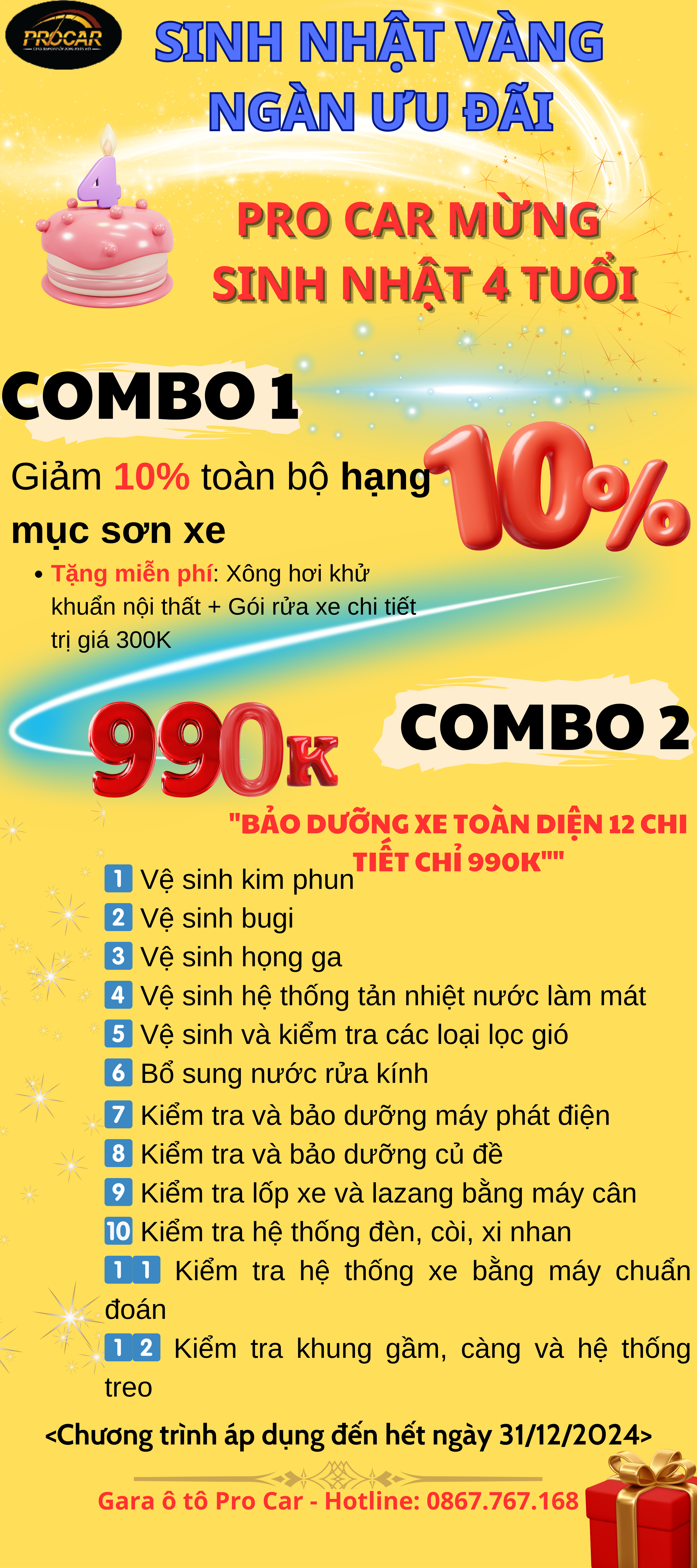 Gói combo bảo dưỡng 12 chi tiết tại Pro Car chỉ 990k